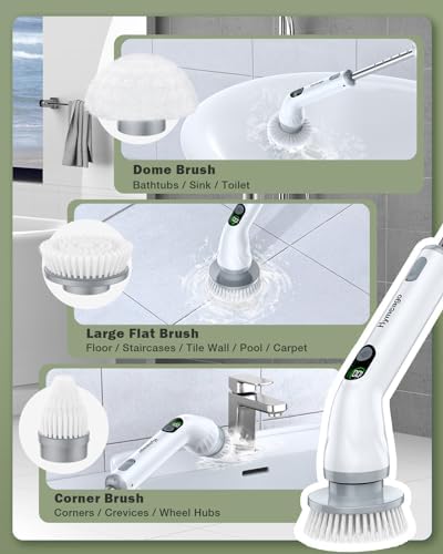 Electric Spin Scrubber, Cordless Shower Scrubber with LED Display & 6 Replacement Cleaning Head, Dual Speed Power Scrubber with Adjustable Extension Handle for Bathroom, Tub, Tile