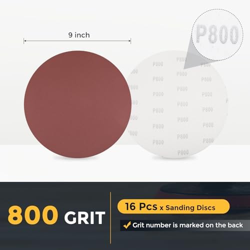 HARFINGTON 16 Pcs 9 Inch Sanding Discs 800 Grit Red Aluminum Oxide