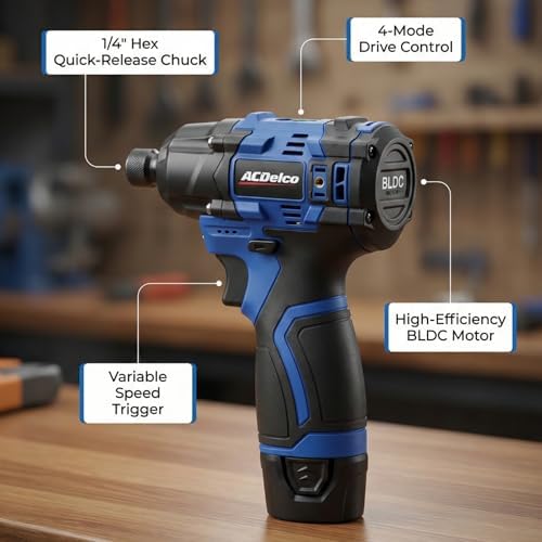 ACDelco G12 Series 12V Cordless Power Tool Combo Kit: 1/4" Hex Brushless Impact Driver (170 Nm) & 3/8" Ratchet Wrench (45 Ft-lbs) with 2.0Ah Li-ion Battery and Intelligent Fast Charger - ARI12185-K1