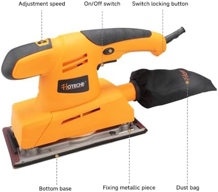Hoteche 3.17 Amp Orbital Sander, 4.5 x 9 Inch Pad – Variable Speed, 7000–12000 RPM, Dust Bag, 5 Sandpapers & Carbon Brushes – Heavy-Duty Aluminum Base Sheet Sander for Wood, Paint & Metal