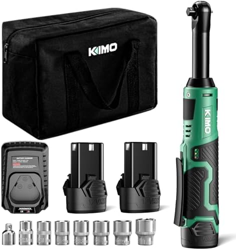 KIMO Extended Cordless Ratchet Wrench 3/8" Set, 400RPM 40Ft-Lbs 4-Inch Long Neck Electric Ratchet Wrench w/Variable Speed, 7 Sockets & 1/4" Adapter, 12V Power Ratchet Wrenches w/ 2x2.0 Ah Batteries