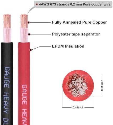 4 Gauge Battery Cable, 15FT Red + 15FT Black 4 AWG Pure Copper Wire Welding Cable, for Automotive, Battery, Solar and Generator, Standard USA OFC Wire
