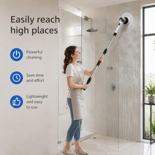 Electric Spin Scrubber for Bathroom, Cordless Power Scrubber with Extendable Handle, 3 Speeds, Digital Display and 8 Brush Heads for Shower, Bathtub, Tile, Grout, Floor and Kitchen,Black