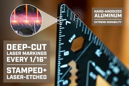 Spec Ops Tools Fury 7.5” Rafter Square with Laser Etched & Stamped Markings, Rapid-Layout Features, Wide Heel, Includes Digital Rafter Calculator & Guide