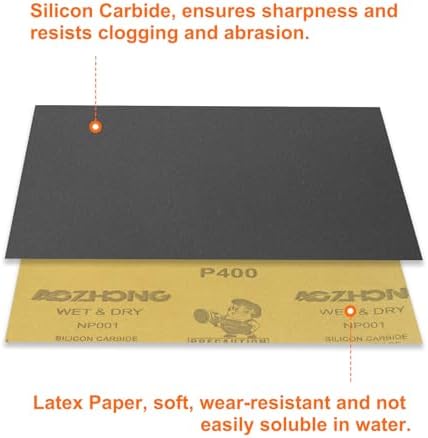 HARFINGTON 30pcs Sandpaper 400 Grit 9 x 11 Inch Waterproof Backing Silicon Carbide Abrasive Wet Dry Sanding Sheets for Wood Finishing, Metal Sanding, Automotive Polishing
