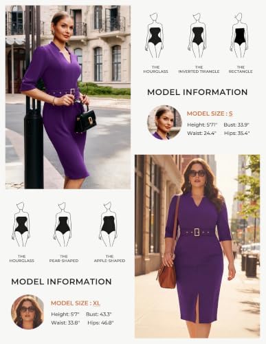 GRACE KARIN Women's Work Dress 3/4 Sleeve V Neck Bodycon Dress with Belt