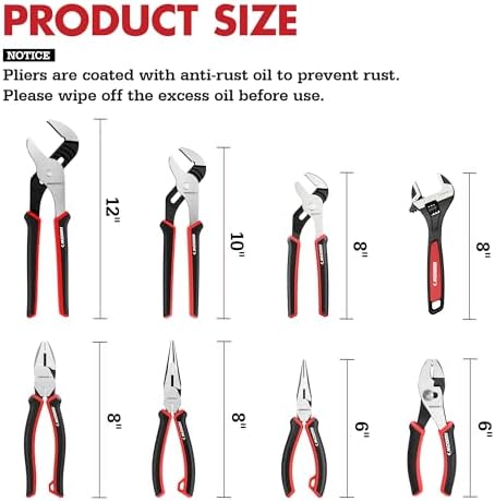 ARROW 8-Piece Pliers and Wrench Set, Pliers Kit with Roll-Up Pouch | 12"/10"/8" Groove Joint Pliers, 8" & 6" Long Needle Nose, 8" Linesman, 6" Slip Joint, 8" Adjustable Wrench, TPR Handles