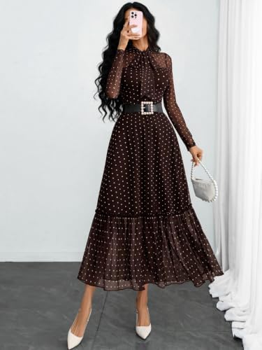 GothDark Polka dot Dress for Women Tie Neck Bow Ruffle Fall Vintage Dress