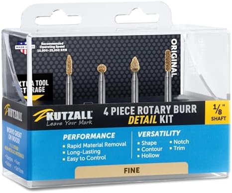 Kutzall 4-Piece Rotary Burr Detail Kit - 1⁄8" Shaft, Fine – Wood Carving Bit for Dremel, Foredom, Ryobi, DeWalt, Milwaukee Tools - Structured Tungsten Carbide, 18FKIT02