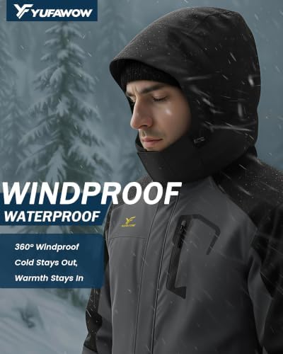 Yufawow Men Winter Jacket Skiing Jacket Insulated Fleece Lined Waterproof Windbreaker for Snowboard Hiking Camping ATV Outdoor Work