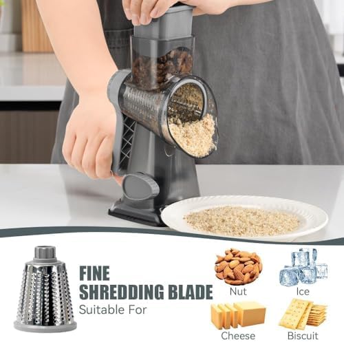 KEOUKE Rotary Cheese Grater Pro 6 in 1 - Shredder Crinkle Slicer Grinder Ice Shaver, Stable Suction, Time-saving Easy Use & Clean, Safe Morden Kitchen Tool for Cheese, Vegetable, Nuts, Chocolate