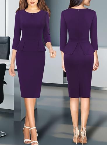 VFSHOW Womens Work Business Office Front Zipper Peplum Church Sheath Dress