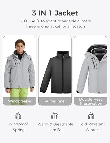wantdo Boys' 3-in-1 Ski Jacket Fleece-Lined Winter Coat Hooded Raincoat
