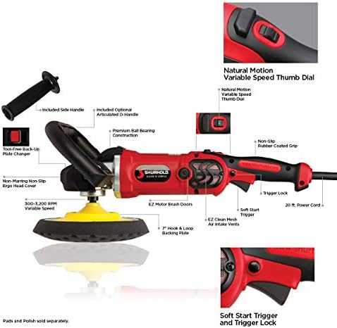 Shurhold 3400 Professional Grade Pro Rotary Car Boat Buffer Polisher with Carrying Bag, Adjustable D-Handle, Powerful Motor and 6 Variable Speed Control