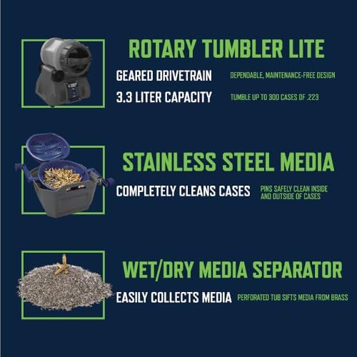 Frankford Arsenal Rotary Tumbler Lite Essentials Kit with 110V Rotary Tumbler Lite, Wet/Dry Media Separator, Stainless Steel Media, for Brass Cleaning, Dry Tumbling, and Gunsmithing
