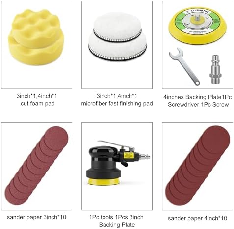 3 inch & 4 inch Air Sander Kit, Pneumatic Random Orbital Sander DA Sander with Sanding Pads, High Speed Palm Sander for Auto Body, Car Polishing, Woodworking, DIY Projects