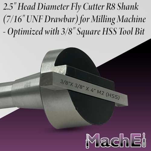 Machel 2.5" Fly Cutter with R8 Shank (7/16" UNF Drawbar) for Milling Machines – Includes 3/8" Square HSS Tool Bit and Indexable Carbide Insert Tool