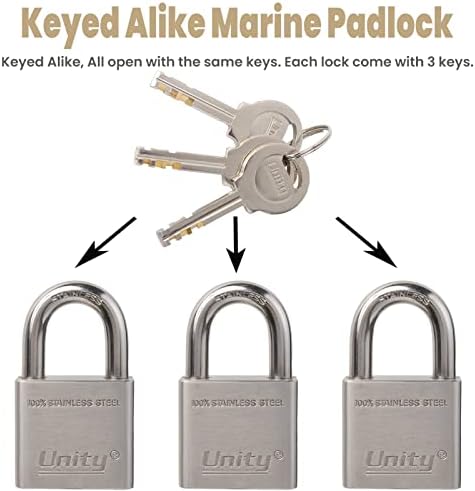 Unity Marine Padlock Keyed Alike 100% Stainless Steel Weatherproof for Sea, Boat, Port, Gate, Anti-Pick (10,40mm)