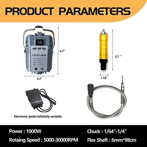 1000W 30000RPM Flex Shaft Rotary Tool, Thicken 1/4" Flexible Shaft with Stepless Speed Foot Pedal, Hanging Grinder Carver Electric Multi-function Metalworking Tools Repair Kit