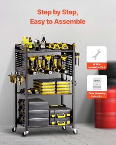 VEVOR 4-Tier Tool Organizer Cart, 150 lbs Load Capacity, Floor Stand Rolling Drill Holder and Stability Storage Rack, Heavy Duty Garage Floor Rolling Storage Cart for Workshop, Garage, Black