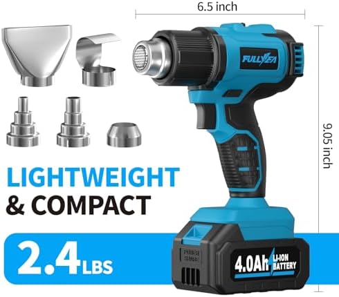 FULLYEA Heat Gun Cordless, Portable Hot Air Gun Kit with 5 Nozzles, Max 550℃/1022℉, Soldering Heat Gun with 2*4.0Ah Battery & Charger, Cordless Heating Gun for Shrink Tubing, Vinyl Wrap, Craft (Blue)