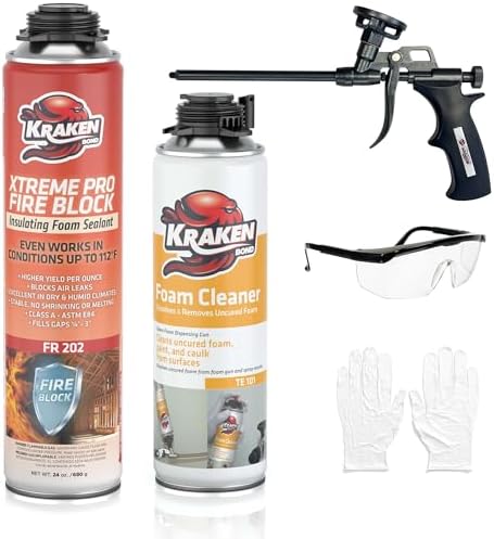 Kraken Bond Xtreme Pro Fire Block Expanding Foam Sealant (1x24oz), Professional Polyurethane Insulating Foam with Fire Block Technology, High Heat Resistant and Waterproof, Gun Included – 1 Pack