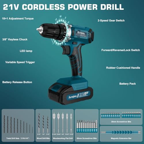 Sundpey 255-PC Portable Home and Auto Tool Kit Set with 21V Cordless Drill