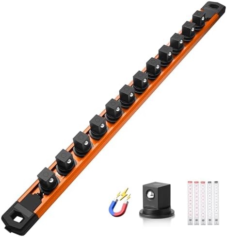 Reniteco Magnetic Socket Organizer, 1/2” Aluminum Alloy Rail, 12 Clips | Heavy-Duty Socket Rails, Removable 360° Swivel ABS Clips, Magnetic Base, Tool Box Drawer or Wall Mount