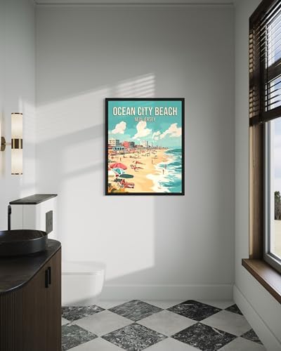 Ocean City Beach New Jersey Black Framed Wall Art Print Poster, US Vintage Retro Beach Scenery Posters Prints for Restroom Home Picture Painting Artwork Gallery 219 (Ocean City Beach New Jersey, 24"L x 18"W, Black Frame)