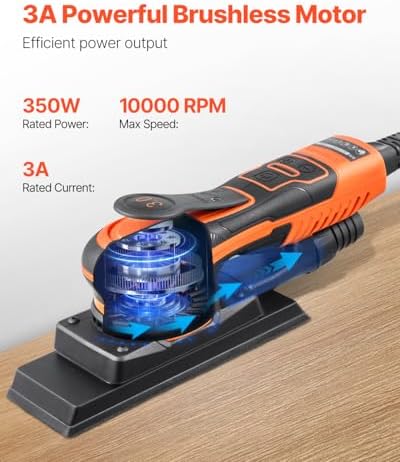 VEVOR 3/8 Sheet 3A EC Brushless Sander, Max. 10000RPM Variable Speed Sheet Finishing Sander with 10PCS Sandpapers and Vacuum Cleaner Adapter for Woodworking