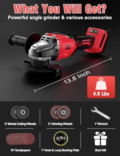 Cordless Angle Grinder for Milwaukee M18 18V Battery, 4-1/2" Grinder Tool w/Auxiliary Handle, 6 Variable Speeds, 10 Sandpapers, 2 Cutting & 2 Grinding Wheels,Wrench, Lock-on Slide Switch for Polishing
