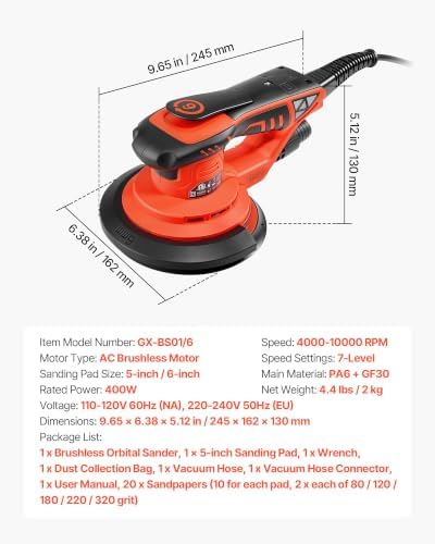 VEVOR 5 & 6-Inch Random Orbital Sander 400W Brushless Orbital Sander, 4000-10000RPM 7 Speeds Electric Palm Sanders with 20PCS Sandpapers, Dust Bag & Vacuum Hose for Woodworking Detailing Sanding