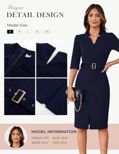 GRACE KARIN Women's Work Dress 3/4 Sleeve V Neck Bodycon Dress with Belt