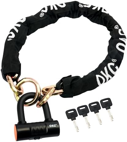 OKG Heavy Duty Motorcycle Chain Lock, 4 Keys, 3.3 ft x 1/2 in (12mm) Thick Hexagonal Cinch Security Chain with 18mm Cut Proof Hardened Alloy Steel U Lock for Motorcycles, E-Bikes, Mopeds, ATVs, Etc.