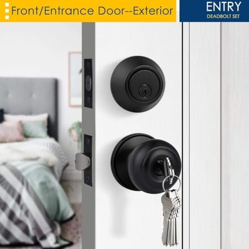 2 Pack Keyed Alike Entry Door Knobs and Double Cylinder Deadbolt Lock Combo Set, Matte Black Finished Door Lock Set, Round Style Door Knobs Deadbolt