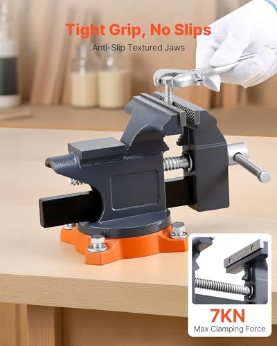 VEVOR Bench Vise, 4.5 Inch, Portable Workbench Vice with 270° Swivel Base, Quick Release Rotating Bench Clamp, Cast Iron Construction, for Woodworking, Metalworking, Drilling, Sawing, Cutting Conduit