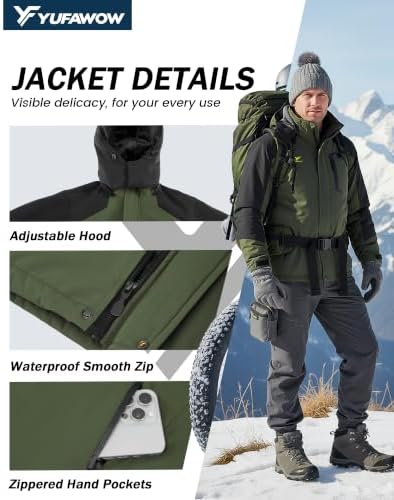 Yufawow Men Winter Jacket Skiing Jacket Insulated Fleece Lined Waterproof Windbreaker for Snowboard Hiking Camping ATV Outdoor Work