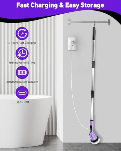Electric Spin Scrubber for Cleaning Bathroom, Shower Scrubber Cordless Cleaning Brush with IPX7 Waterproof & 2 Speed, 3 Brush Heads, Bathroom Cleaning Supplies for Shower Tub Kitchen Tile Toilet