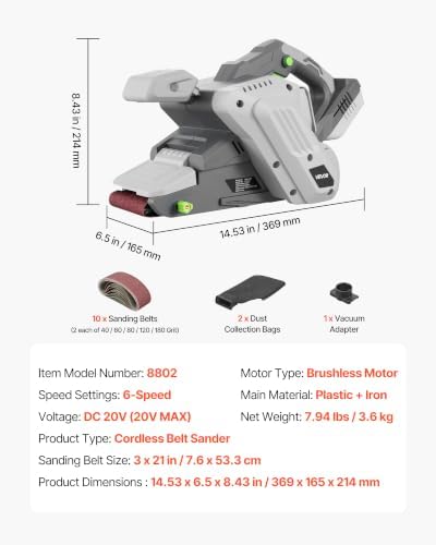VEVOR 20V Max Cordless Belt Sander, 3" x 21" Belt Sander for Woodworking, 6 Variable Speeds Sanding Machine with 10PCS Sanding Belts, 2 Dust Bags & Vacuum Adapter (Battery NOT Included)