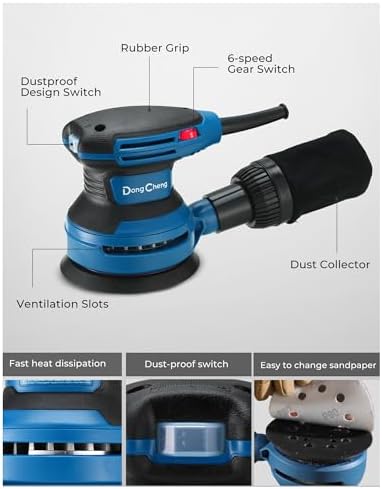 Dong Cheng 5-Inch Random Orbital Sander 380W 12800OPM Electric Palm Sander, 6 Variable Speeds, with 20pcs Sandpaper & Detachable Dust Bag, Power Sander for Woodworking, Sanding & Polishing (Renewed)
