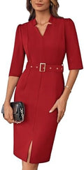 GRACE KARIN Women's Work Dress 3/4 Sleeve V Neck Bodycon Dress with Belt