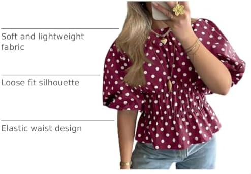 Cicy Bell Women Polka Dot Peplum Blouse Round Neck Puff Sleeve Summer Top