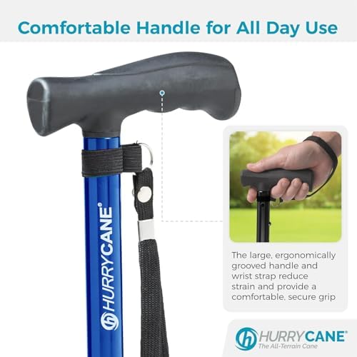 HurryCane Freedom Edition Foldable with T Handle Walking Cane for Men & Woman (Blue) Bundle with PremGear Cane Holder, Compatible with HurryCane