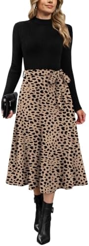 OFEEFAN Long Sleeve Dress Mock Neck Tie Waist Ribbed Knit Midi Dresses Fall Outfits