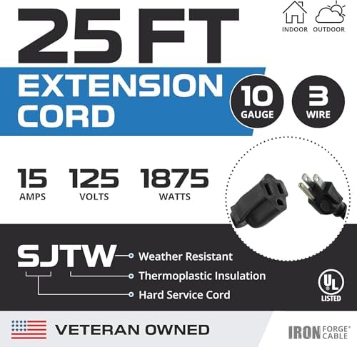 Iron Forge Cable 10 Gauge Extension Cord Heavy Duty, 25 Ft - Black SJTW