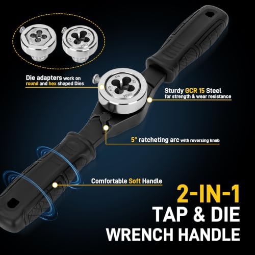 YIYEIE 8PC Ratcheting Tap Handle, 2-IN-1 Extendable Tap Wrench & Die Handle | Adjustable Tap and Die Handle Tool, T Handle Ratchet Die Wrench Fits Round & Hexagonal Die, M3-M12 Tap Holder, Thread Gauges