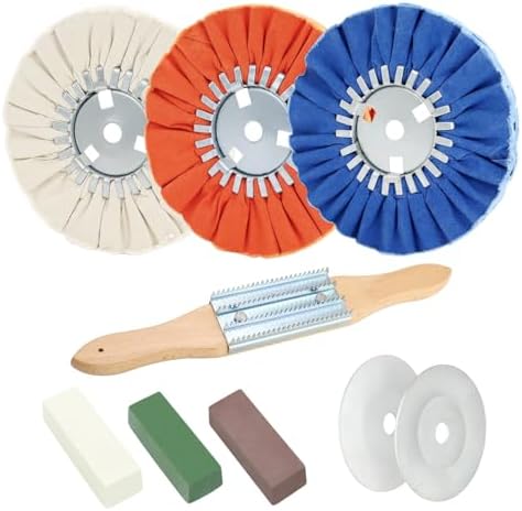 9 Pcs 8" Airway Buffing Wheel Kit for Angle Grinder, 3 Wheels, 3 Polishing Compounds, Buffing Rake & 1 Pair Safety Flanges, 5/8" Arbor, for Aluminum Wheels, Tanks & Metal Mirror Polishing