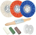 9 Pcs 8" Airway Buffing Wheel Kit for Angle Grinder, 3 Wheels, 3 Polishing Compounds, Buffing Rake & 1 Pair Safety Flanges, 5/8" Arbor, for Aluminum Wheels, Tanks & Metal Mirror Polishing