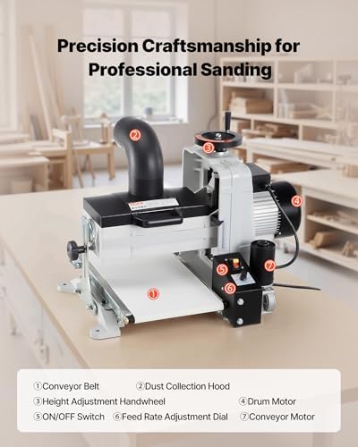 VEVOR 10" Benchtop Drum Sander, 1HP 1725RPM Dual Motor Drum Sander for Woodworking - Variable Speed Conveyor Belt & 4" Dust Collection Port for Cabinet Making & Furniture Finishing
