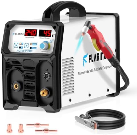 FLARING 240V Plasma Cutter With Built In Air Compressor 45A IGBT Inverter Digital Plasma Cutting Machine, 3/8 Inch Clean Cut And 5/8 Inch Max Cut High Frequency (No External Compressor Needed)